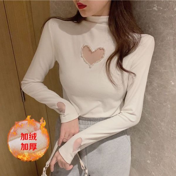 

2021 autumn and winter new design feel love pearl turtleneck high joker long longer velvet bottom shirt 203r, White