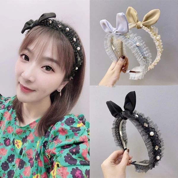 Moda saç bandı sevimli prenses saç aksesuarları kadın pileli yay tavşan kulakları dantel ince kenarlı hairbands saç bandı kız hiar bandı