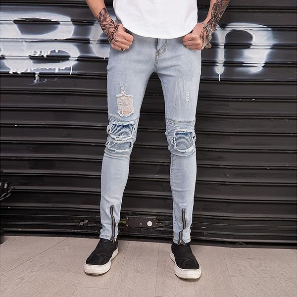 

men's jeans men high street hip-hop slim destoryed skinny denim pants male ankle zipper elastic casual cotton knee pleated moto biker, Blue