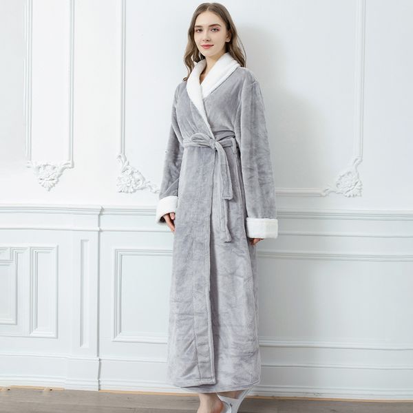 

2021 new autumn long flannel female bathrobes thick solid sleepwear loose cleavage v with sashes thin ladies nightgown aftn, White