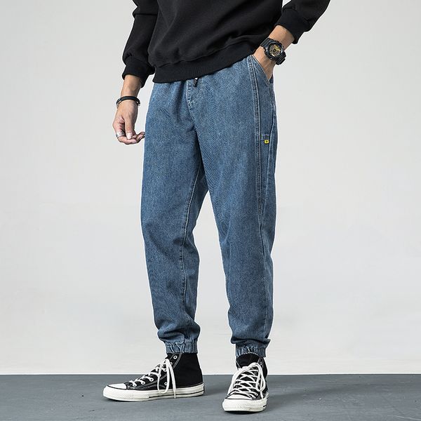 

2021 new japanese vintage fashion loose fit black gray spliced designer harem streetwear hip hop jeans men joggers pants ox6h, Blue