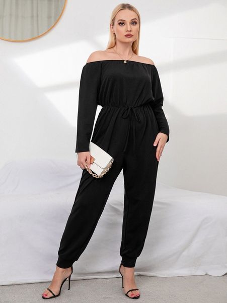 

plus off shoulder knot waist jumpsuit 07kq#, Black