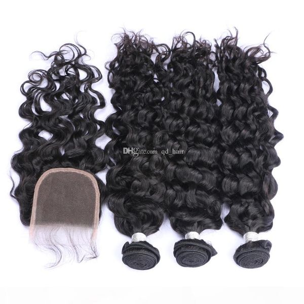 

water wave human hair 3bundles with lace closure wet wavy hair weft with closure 4x4 with baby hair for woman, Black