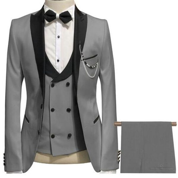 Eleganter grauer Herrenanzug für den Abschlussball, Slim Fit, 3-teilig (Jacke + Weste + Hose), Bräutigam-Hochzeitsanzüge für Männer, benutzerdefinierter Blazer 201106