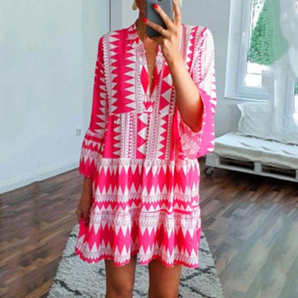 

fashion women v neck summer loose dress casual lady bohemia floral printed above knee dress green pink blue vestidos oy41*, Black;gray