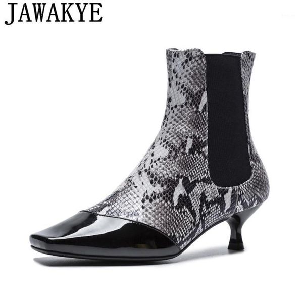 

jawakye retro fall winter snake skin short boots high heels square toe runway style ankle boots for women shoes1, Black