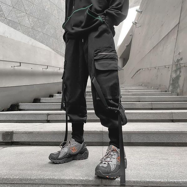 

men's pants fall 2021 loose legged fashion cargo erkek pantolon streetwear joggers men harem tie feet kargo, Black