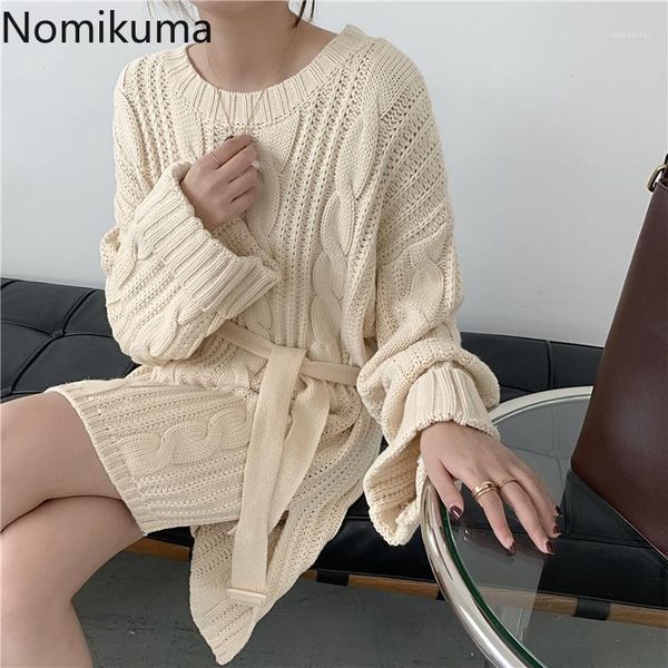 

nomikuma korean thicken twisted pullover sweater belt slim waist long sleeve o-neck knitted pullover 2020 new pull femme 6c4981, White;black