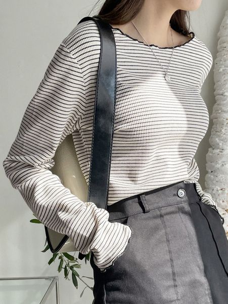 

dazy striped print lettuce trim tee d1sp#, White