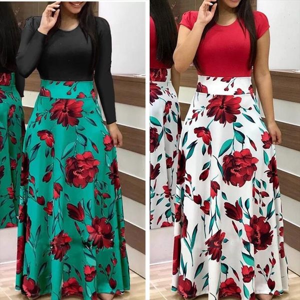 

spring summer for women dress 2021 casual long sleeve o neck tunic patchwork dresses fashion vintage print maxi dress vestidos, Black;gray