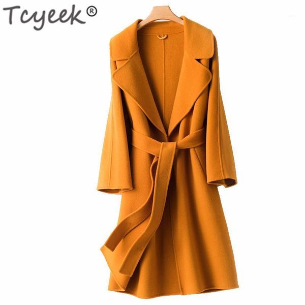 

tcyeek elegant winter coat women 100% wool coat female autumn clothes 2020 korean long woolen jacket cashmere coats hiver 198191, Black