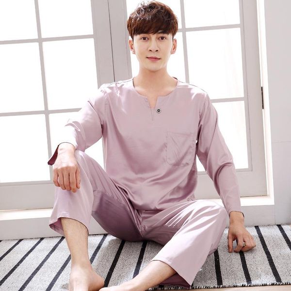 

2-piece set ice silk pajamas for men spring summer thin home clothes fashion casual silk sleepwear long sleeve nightwear sets, Black;brown
