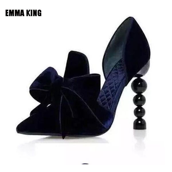 

women luxury blue velvet pumps pointed toe big bow shoes 2021 spring new pumps women beaded heel high heel shoes, Black