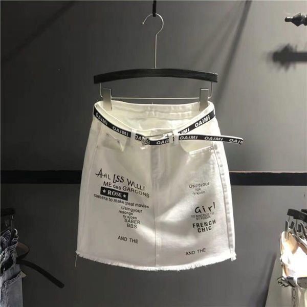 

summer white denim skirts women elegant high waist front hole letter print mini skirt hip package jeans short skirt faldas mujer, Black