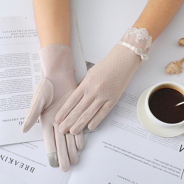

five fingers gloves summer women uv sunscreen short sun screen pearl flowers bow thin silk lace touch viscose driving j54, Blue;gray