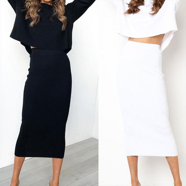

women knitted bodycon long skirt fashion black white high waist pencil skirts female elastic skirts club wear 1216