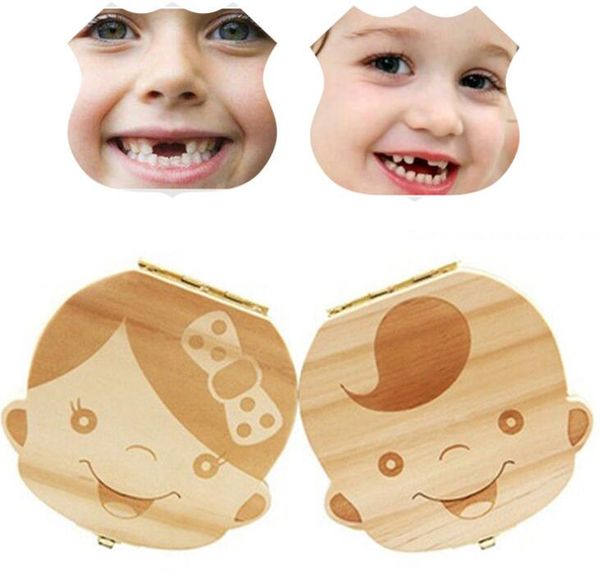 Inglês / Espanhol Kids Baby Keepsakes Wood Tooth Box Fairy Save Leite Dentes Organizador Armazenamento Box Boys / Girls