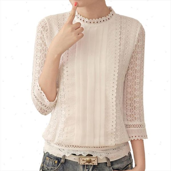 

new women blouses korean style ladies chiffon shirts 2021 autumn three quarter sleeve stand collar clothes plus size 61j 25, White