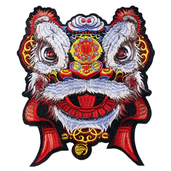 Красный китайский лев голова шить на заплаты вышитые значки, счастливый животное для одежды DIY аппликации ремесло украшения