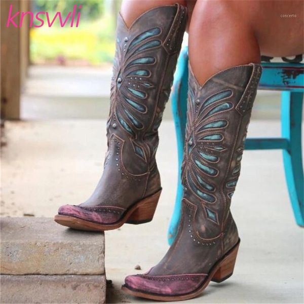 

new mixed color west cowboy boots woman rivets long boots hollow outs carved cut winter shoes woman chunky heel knee high1, Black
