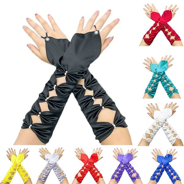 

fashion 33cm elegant long elastic satin fingerless gloves pleated bowknot wedding bridal mittens elbow teal evening party prom girl gift, Blue;gray