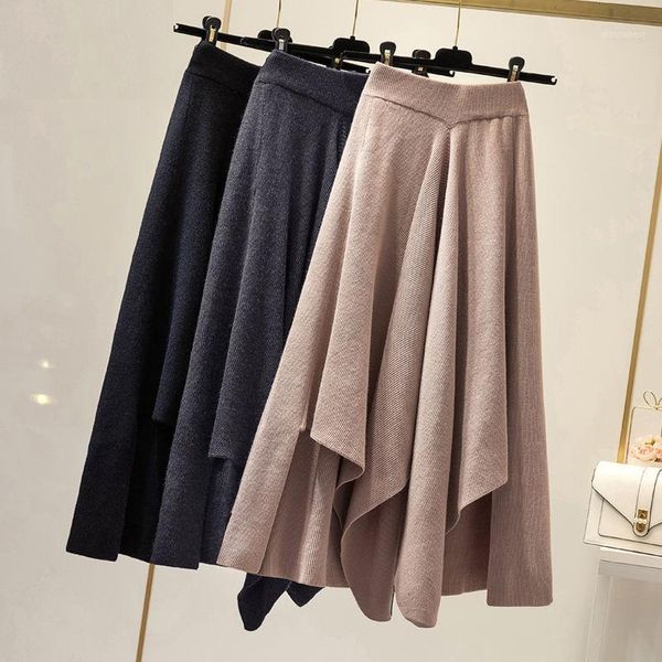 

2020 new autumn winter women knitted elastic high waist patchwork skirts female elegant irregular warm pleated long skirts z661, Black