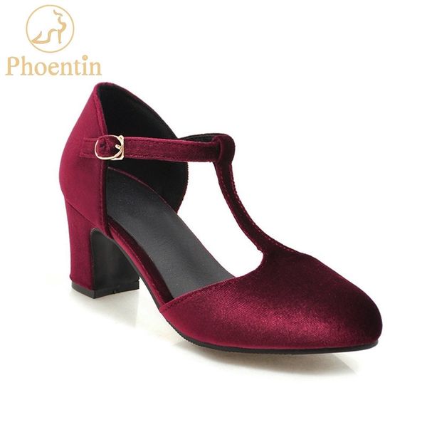 

phoentin t-strap pumps woman 2020 new arrival flannel square heels retro buckle strappy shoes female large size 34~46 lj200928, Black