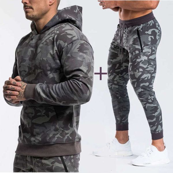 

and winter fitness men's hooded autumn sweater new camouflage couple sports suit for men, Black