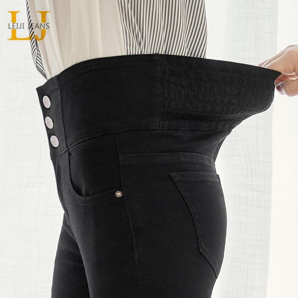 Leijijeans Sonbahar Yüksek Bel Ince Bayanlar Kot Düğme Fly Elastik Bel Legging Jeans Artı Boyutu Sıkı Siyah Kadın Kot 210222