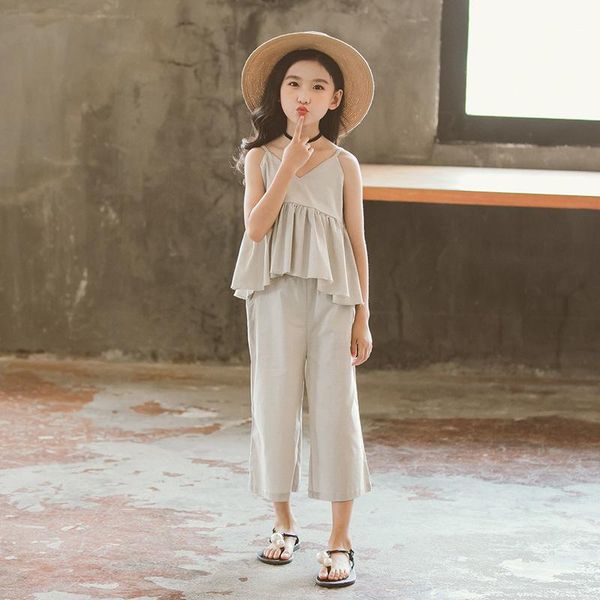 

family matching outfits 2021 super fashion mom girls summer casual clothing set sling t-shirt+ wide leg pant clothes ca044, Blue
