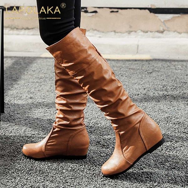 

lapolaka 2020 new fashion slip on concise knee high boots woman shoes comfy height increasing spring autumn boots female, Black