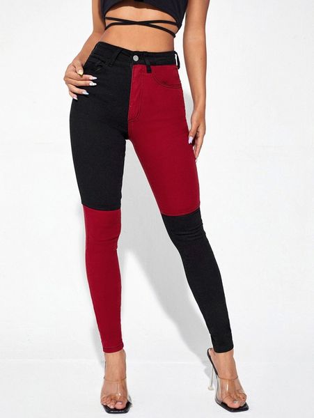 

color block high stretch skinny jeans c3q9#, Blue