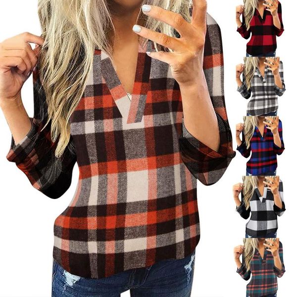 

fashion plaid shirt women fall winter warm up blouse femme v neck loose blusa lattice print blusones de mujer style n50, White