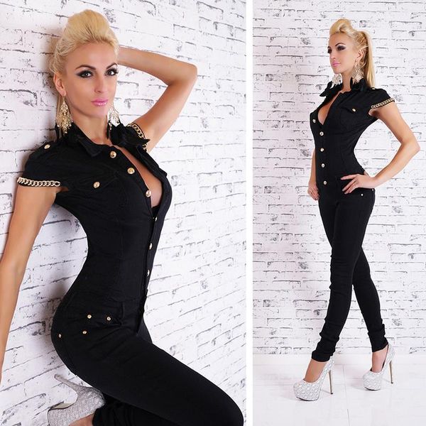 

fashion women denim long jumpsuit deep v neck jean jumpsuits buttons chain black overalls for women rompers autumn1, Black;white