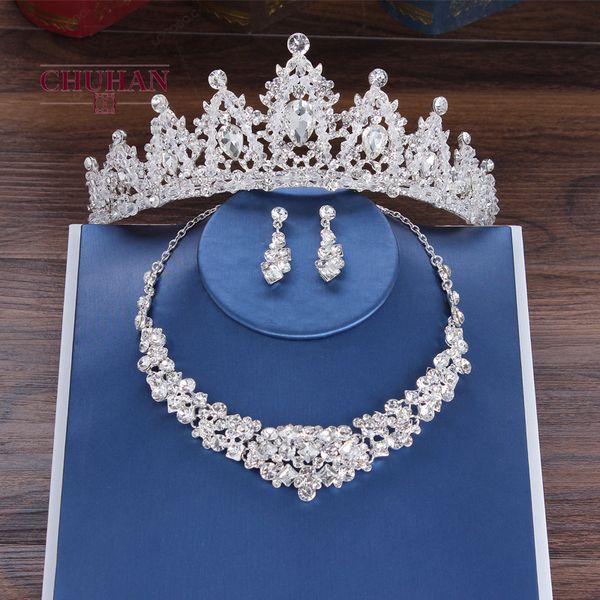 

chuhan brand quality bridal crown necklace earrings three piece bridal jewelry sets crystal wedding dress accessories c359 201222, Slivery;crystal