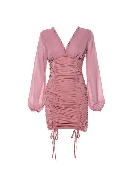 

2021 new pink mesh draw string fold tight v-neck mini party dress elastic f7cn, Black;gray