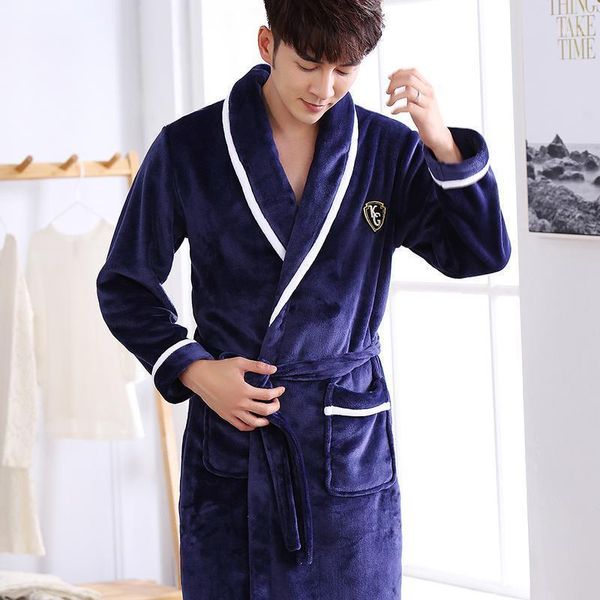 

robes men casual kimono bathrobe autumn winter flannel long robe thick warm sleepwear plus size 3xl nightgown male home wear1, Black;brown