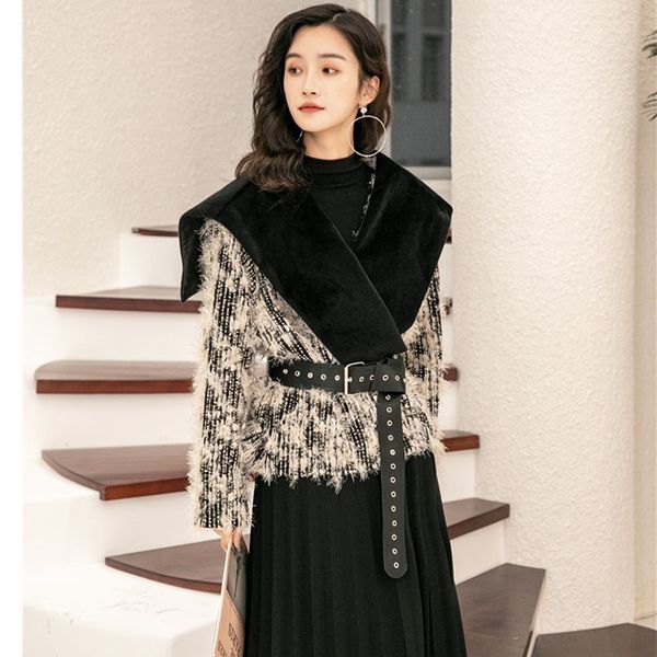 

2021 new female autumn winter jacket new big sleeve lapel hairy fashion amendment super fleece y201 xu7t, Black