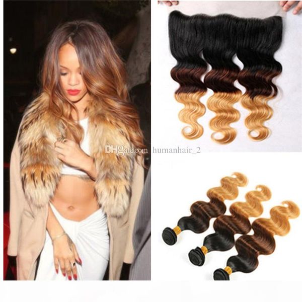 

три тона 1b-27 honey blonde связка ombre бразильского body wave virgin человеческих волос с 13 * 4 шнурком диапазоном фронтального закрытием, Black;brown