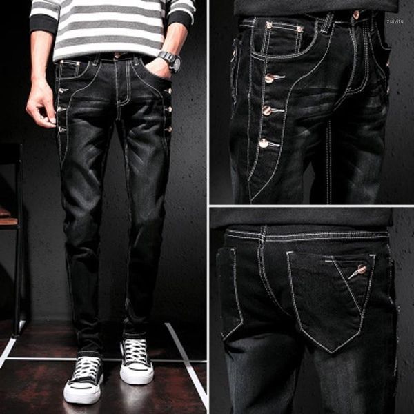 

new slim fit jeans men korean slim stretch young full length straight mid zipper jean three-breasted buckle fashion decoration1, Blue