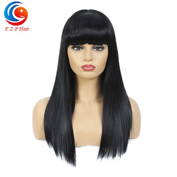 

fzp summer style long straight with bang synthetic hair fashion daily full wigs high temperture fiber, Black