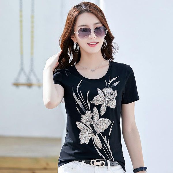 

ewq]2020 summer new round neck short sleeve t-shirt beading fashion trend all-match women's casual 4 color xxxl qz7561, White