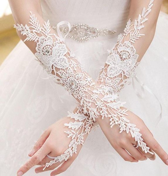 

long wedding dress gloves crystals diamond gauze embroidery elegant womens lace bridal gloves wholesale price, White