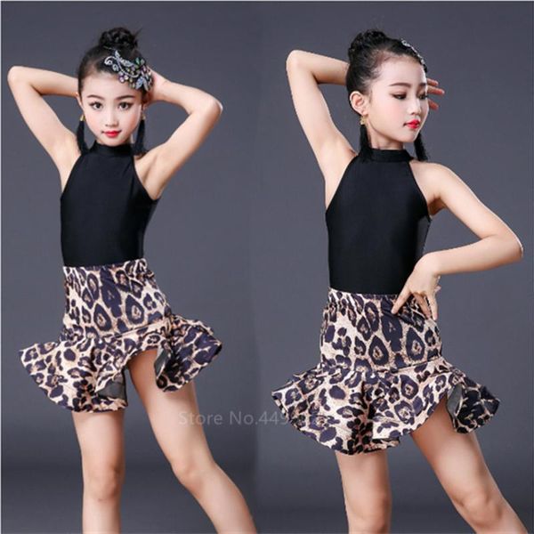 

leopard print girls latin dance fringe dress kids ballroom competition evening party stage performance clothing skirt set, Black;red