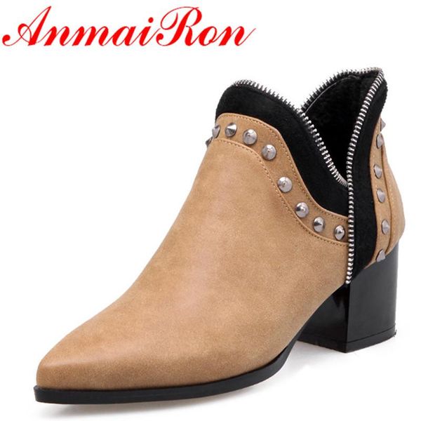 

anmairon winter autumn shoes woman fashion rivets zipper metal style med heels ankle boots women pointed toe boots big size, Black