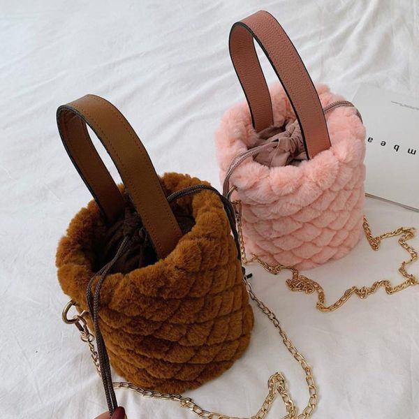 

plush bucket crossbody bags for women small purses and handbags faux fur ladies string hand bags tote shoulder bag