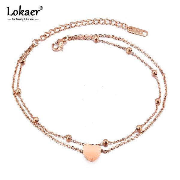 

anklets lokaer fashion double layer stainless steel heart charm for women rose gold color leg bracelet foot jewelry a19026, Red;blue