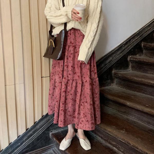 

vintage floral print pleated corduroy skirt women elastic high waist skirts spring autumn 2020 elegant female bottom, Black
