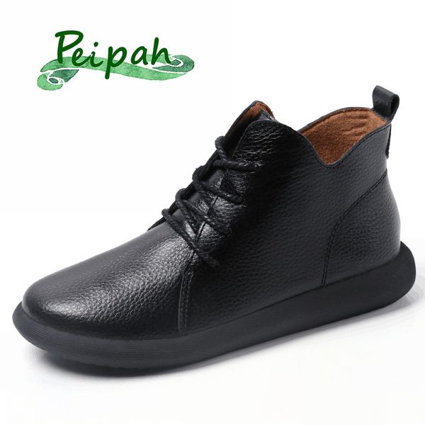 

peipah winter ankle women genuine leather woman autumnrubber boots female lace-up shoes flat with fur botas mujer, Red;white