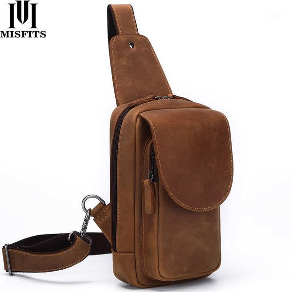 

misfits crazy horse leather men chest bags fashion crossbody bag with zip pocket cowhide travel messenger bags male1
